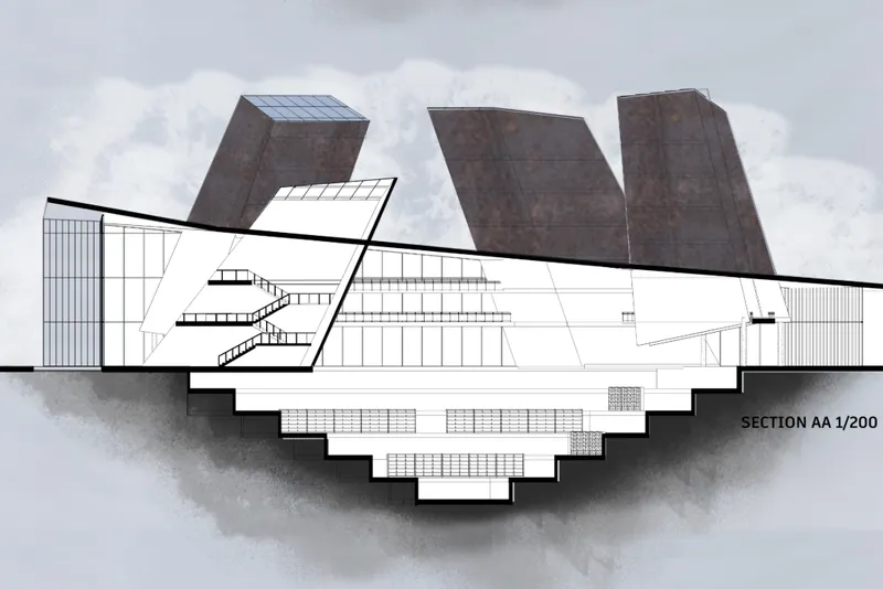 Section drawing showing the sunken interior levels beneath the angled towers and glazed pavilion