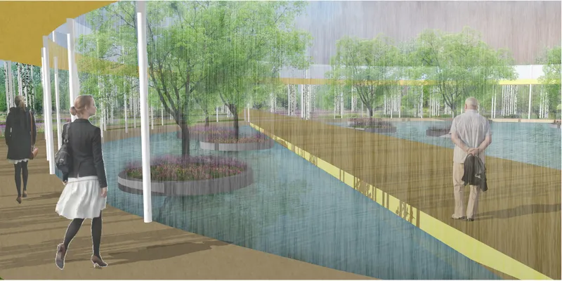 Rendering of a covered walkway with timber decking extending over a reflecting pool with birch trees and visitors