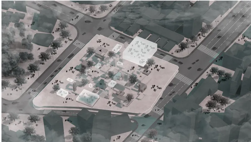 Aerial view rendering of a public plaza with scattered trees and pedestrians at an urban intersection