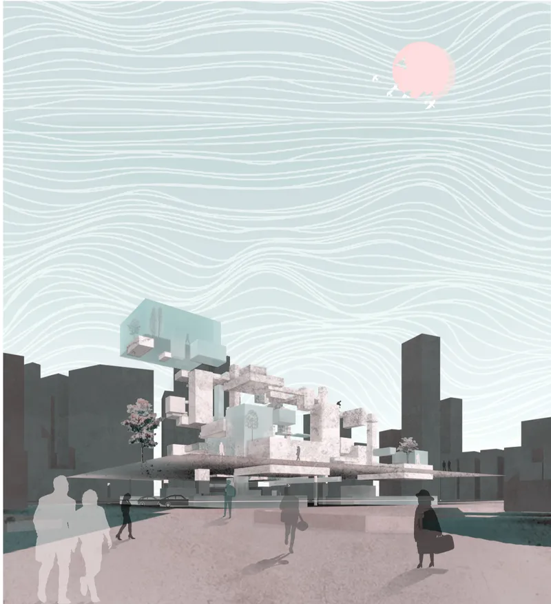 Street-level rendering of the terraced structure with pedestrians and a pink balloon in the sky