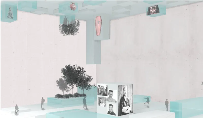 Interior rendering of a memorial gallery with suspended artifacts and photographs above visitors on white floors