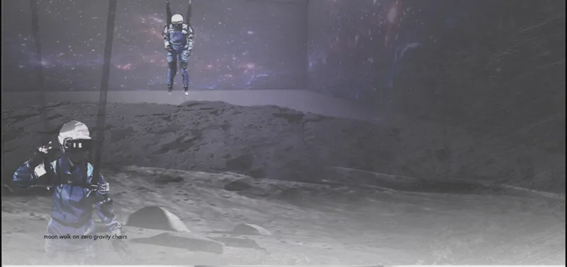 Rendering of two figures in spacesuits on a lunar surface beneath a starry sky
