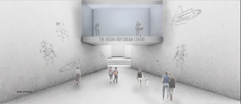 Interior rendering of a concrete entrance hall with visitors and etched astronaut illustrations on the walls