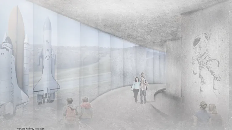 Interior rendering of a curved concrete corridor with translucent screens displaying spacecraft imagery and seated visitors
