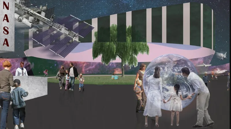 Exterior rendering showing visitors approaching the entrance with suspended greenery and projected space imagery on walls