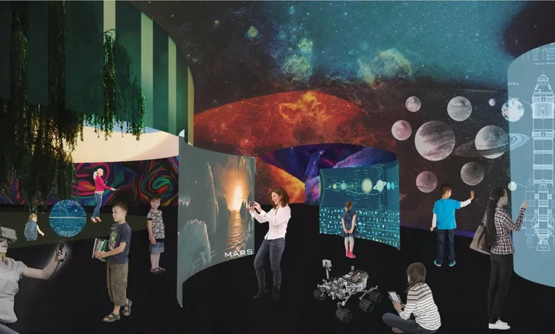 Interior rendering of exhibition spaces with cosmic imagery projected on walls and visitors exploring interactive displays