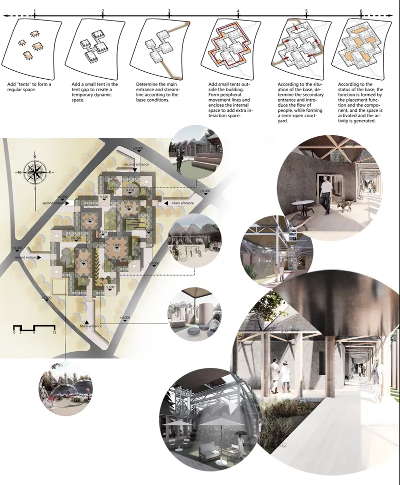 Site plan and rendered vignettes showing tent-like structures with courtyard spaces and planted areas
