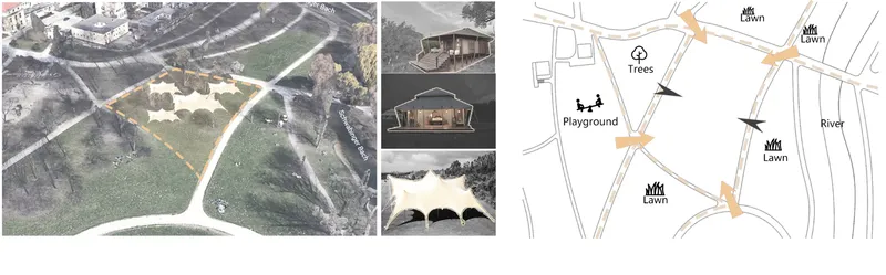 Aerial photograph of green lawn with curved paths alongside elevation sketches and site diagram with trees