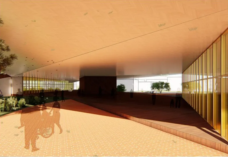 Interior view of the covered terrace with tiled pool, timber decking and vertical screening under a warm timber ceiling