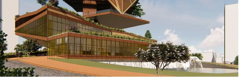 Exterior rendering showing the stacked volumes with glazed facades, planted roofs and trees under a cloudy sky