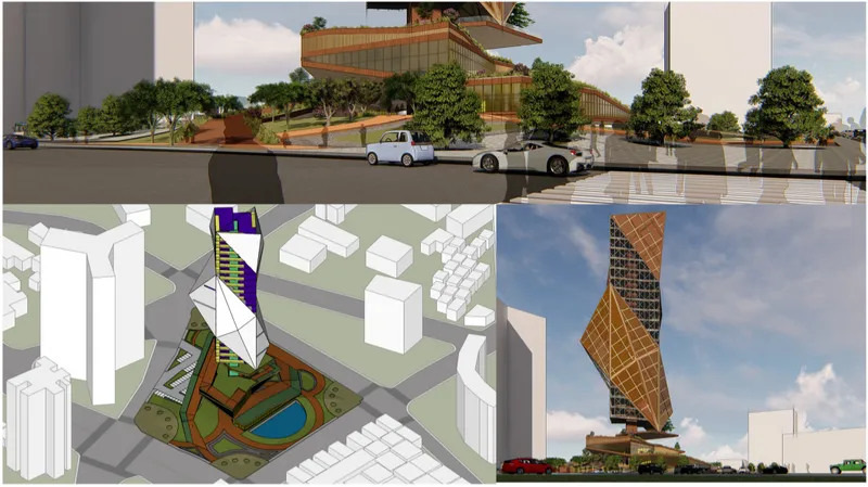 Composite rendering showing street view, axonometric site plan with landscaping, and tower with twisted timber facade under blue sky