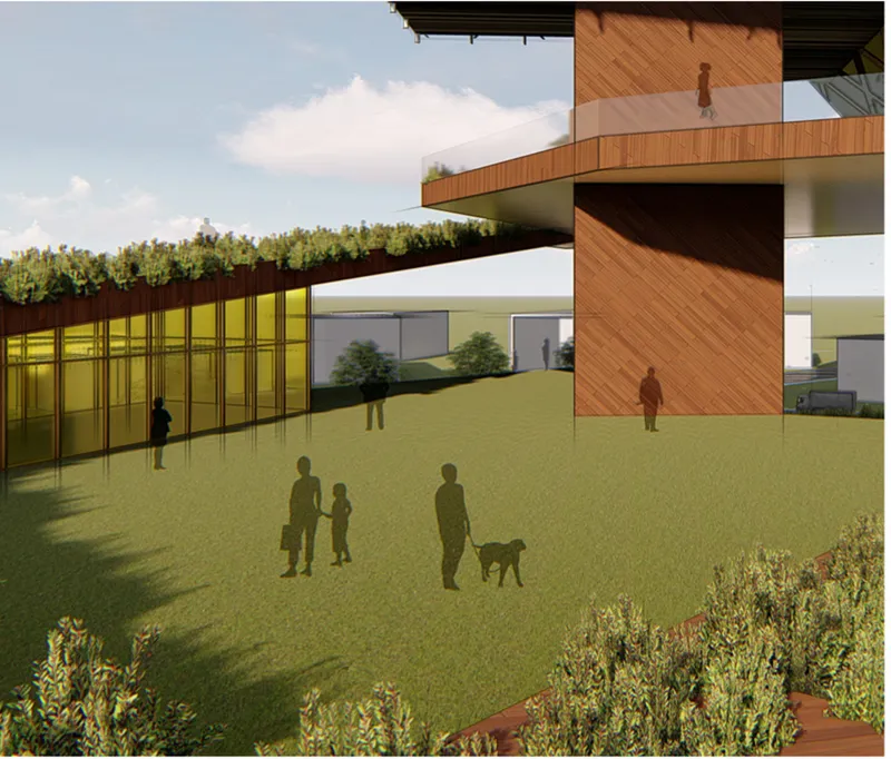 Rendering of cantilevered terrace with timber cladding, glazed wall and figures with dog on lawn below