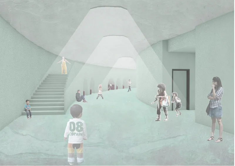 Rendering of an interior atrium with children playing on a terraced platform beneath arched vaulted ceiling