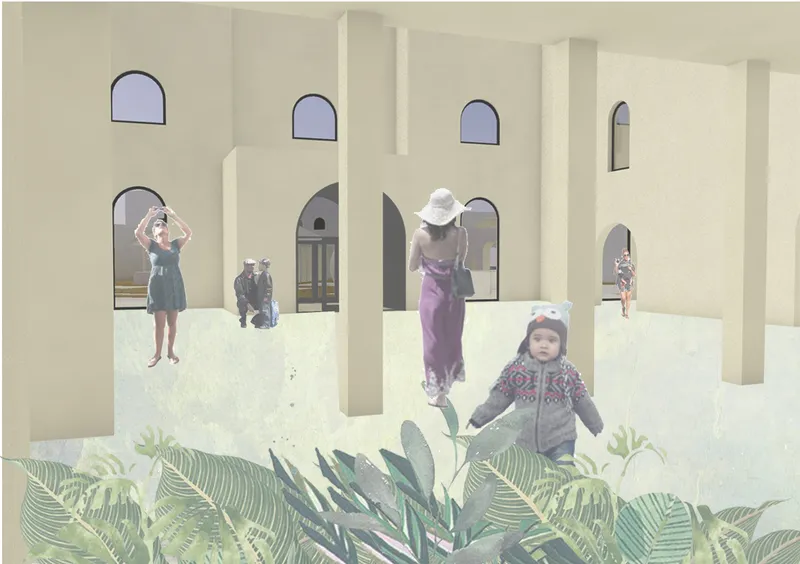 Courtyard rendering showing arched openings in stucco walls with visitors and foreground planting of tropical foliage