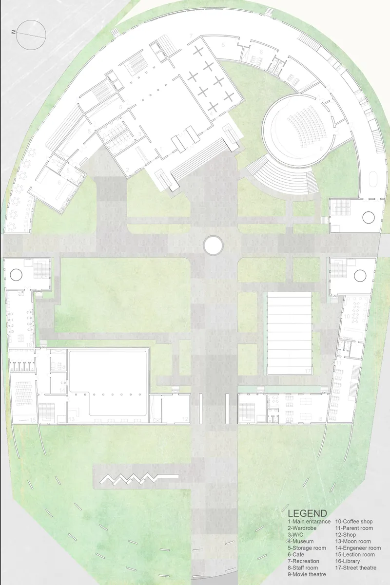 Site plan showing the curved campus with multiple buildings, courtyards, and an amphitheater surrounded by green space