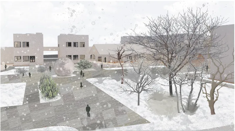 Aerial rendering of a courtyard with bare trees and scattered figures in falling snow