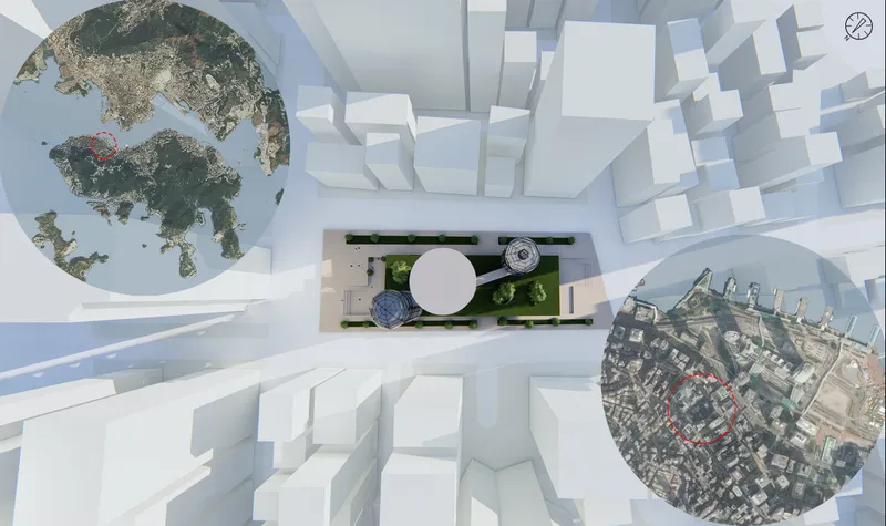 Top-down view of a conceptual model showing circular landscape inserts within a white abstract urban context