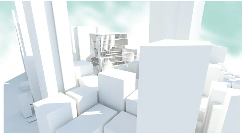 Physical model showing the terraced tower rising among surrounding blocks in an urban context