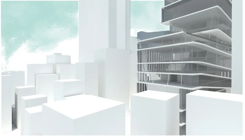 Physical model detail of the stacked floor plates with vertical louver elements on the facade