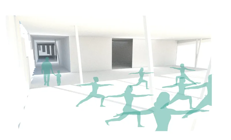 Interior perspective rendering of the multipurpose room with figures exercising beneath angled ceiling planes