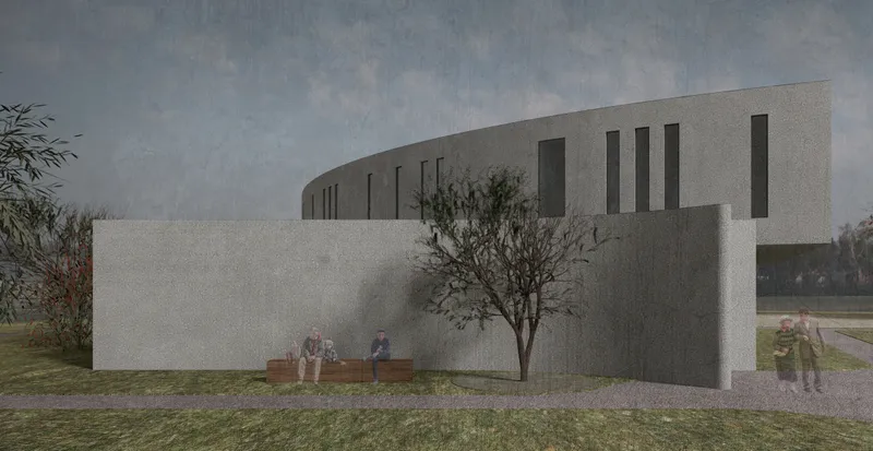 Rendered view of the curved concrete facade with vertical window slits and figures seated beneath a tree