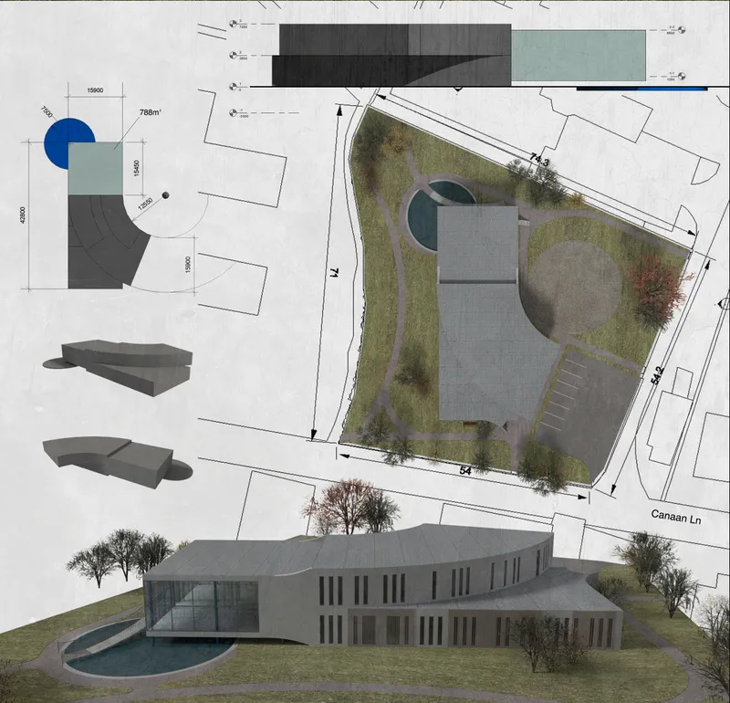 Site plan and aerial view showing the curved building with circular water feature and surrounding landscape