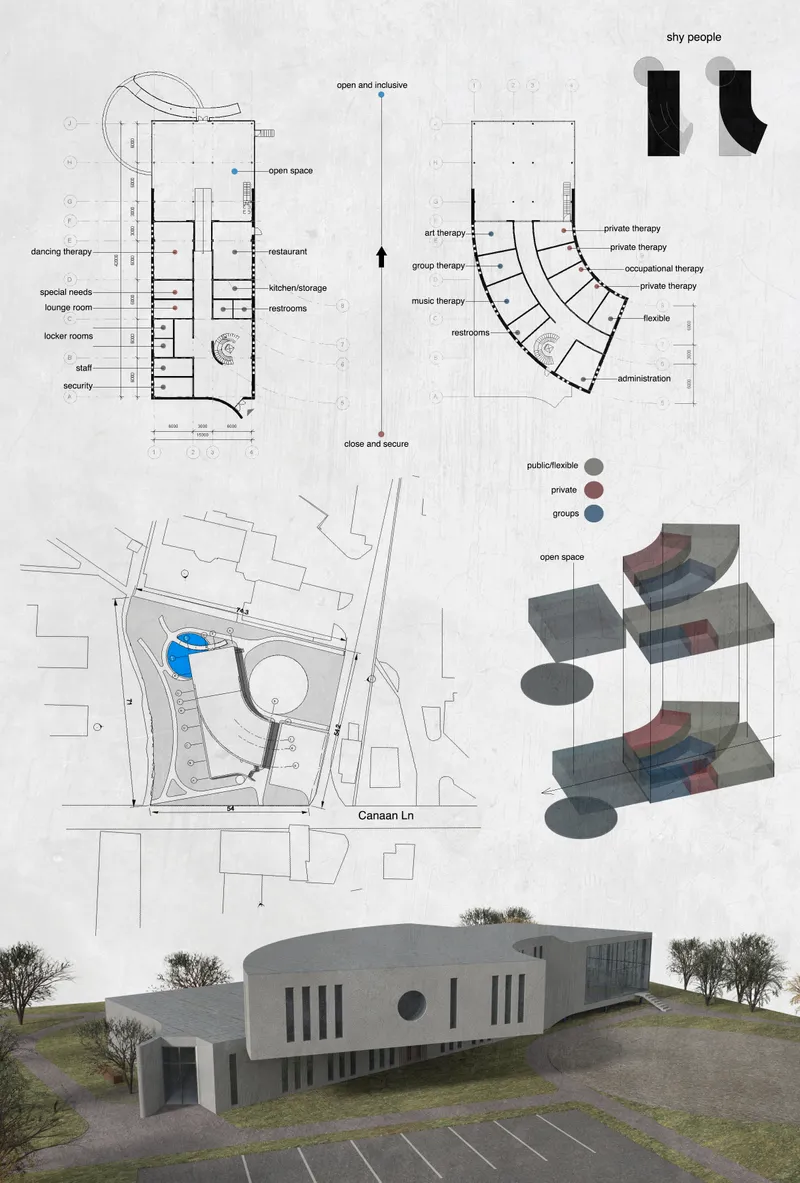 Floor plans and axonometric diagram showing curved programmatic layout with labeled therapy and activity spaces