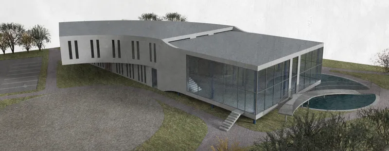 Aerial view of the glazed entrance pavilion and curved wing with vertical slit windows in overcast light