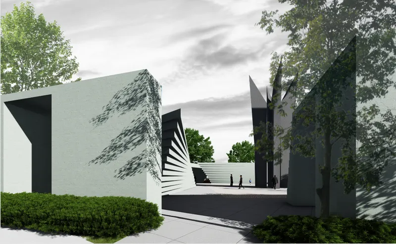 Rendered view of the courtyard entrance with pale masonry volumes and dark vertical towers among trees