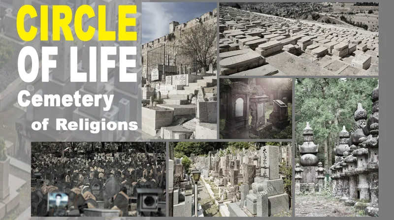 Collage board showing cemetery reference images including stone tombs, Buddha statues, and memorial landscapes