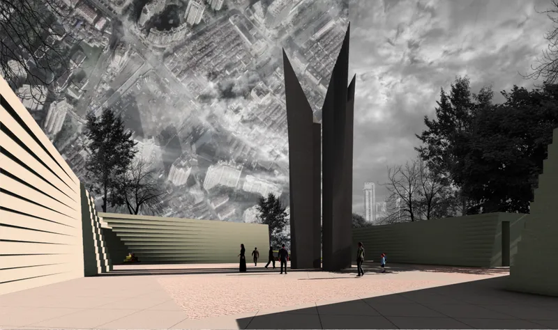 Rendered plaza with twin dark towers and horizontal louvered walls under an overcast sky with visitors