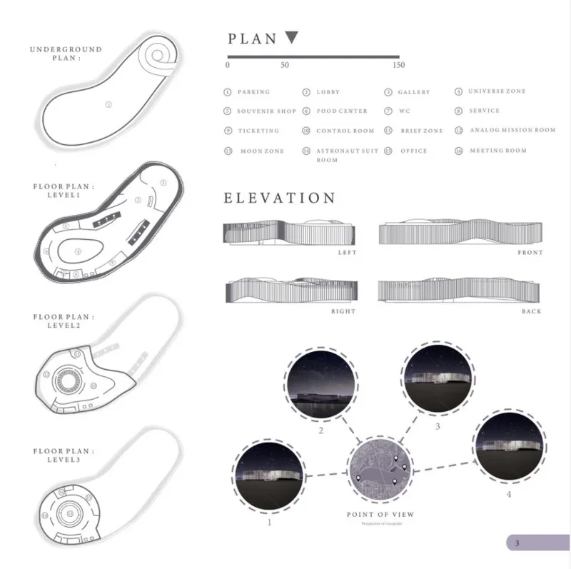 Plan and elevation drawings showing multiple floor levels with organic forms and four facade views with reference photos