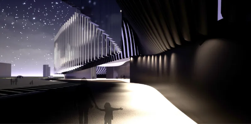 Ground-level night view of the cantilevered entry volume with vertical louvers and a silhouetted figure beneath