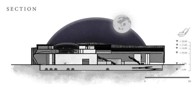 Section drawing showing the curved roof structure, interior spaces, and underground levels with a moon graphic above