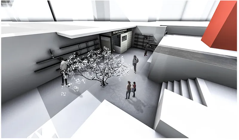 Rendered interior view of a multi-level atrium with figures, a flowering tree, and angular staircases