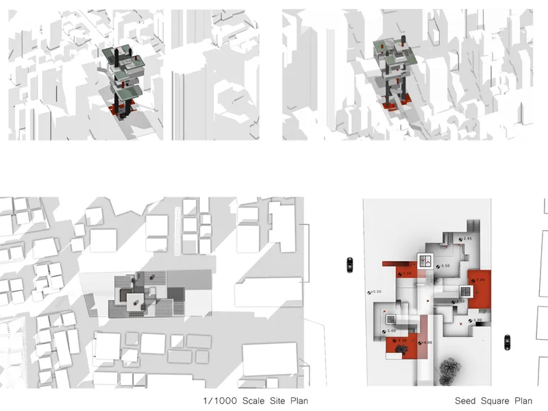 Site plan drawings showing the tower in urban context and detailed seed square plan layout