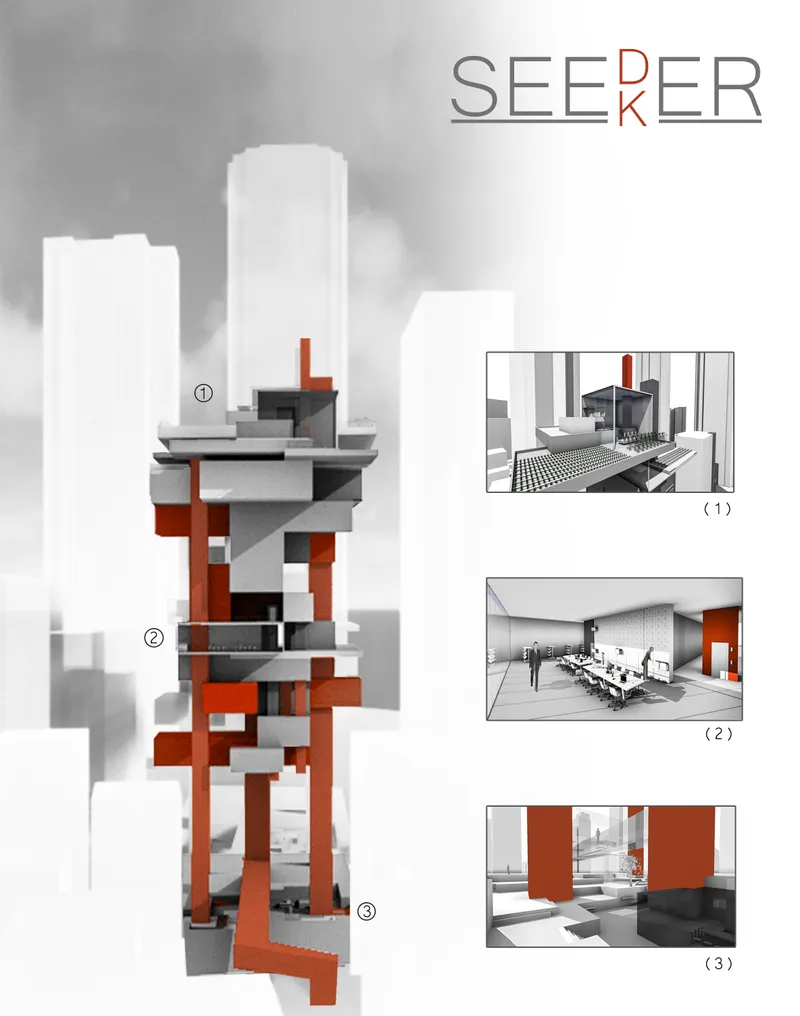 Axonometric drawing showing stacked volumes with red and grey components interspersed through white masses
