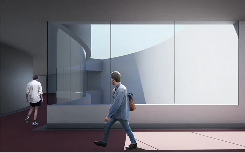 Interior courtyard with tall white walls and a glass partition reflecting curved architectural forms with visitors passing