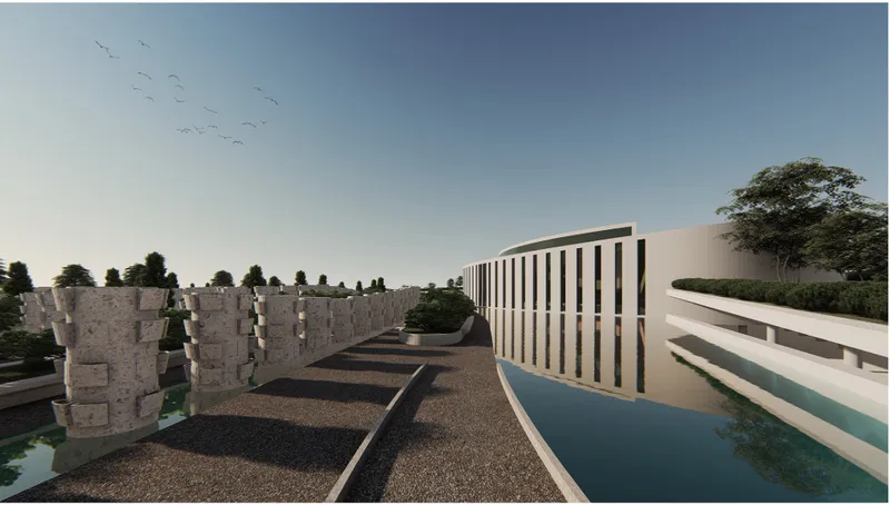 Rooftop terrace with planted concrete columns, gravel paths, reflecting pool and vertical slatted facade under clear sky