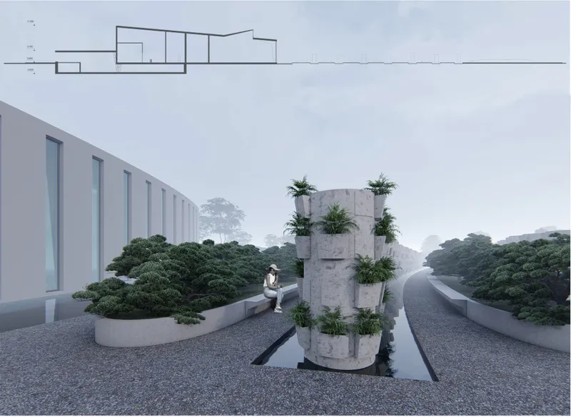 Sectional elevation drawing above view of stacked concrete planter column with vegetation beside person in mist