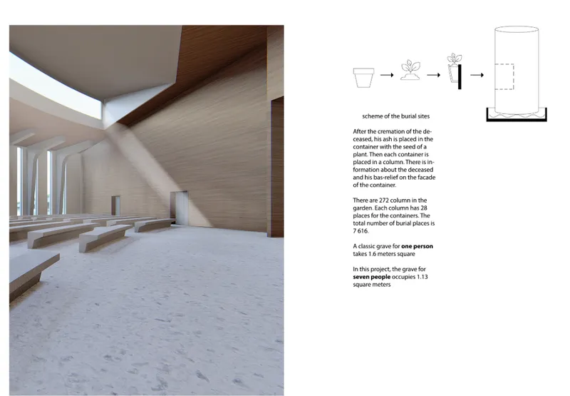 Interior memorial hall with vertical slatted walls, timber ceiling, stone floor and angular skylights