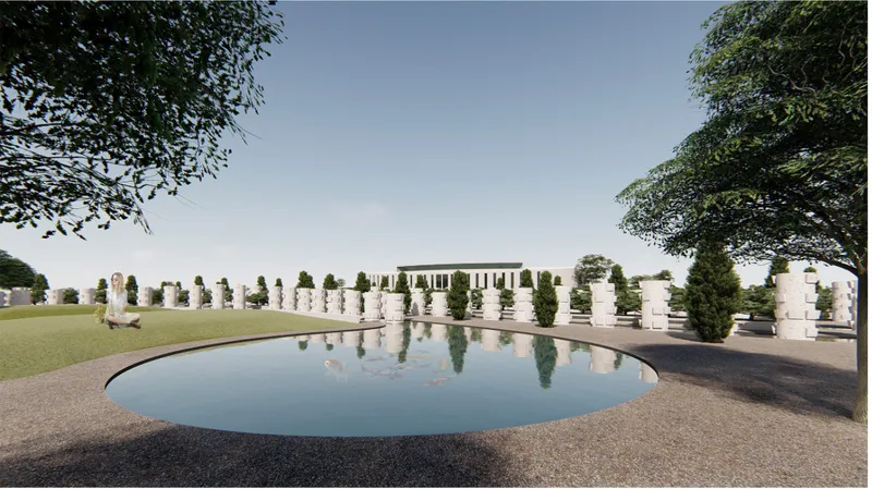 Circular reflecting pool on gravel lawn with planted concrete columns and distant slatted building volume