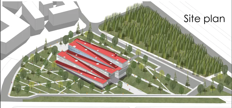 Site plan axonometric showing the stacked red volumes surrounded by landscaped paths and adjacent forest