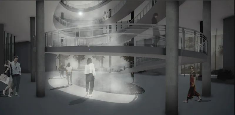Interior view of a curved void with concrete columns and figures walking on overlapping transparent floor plates