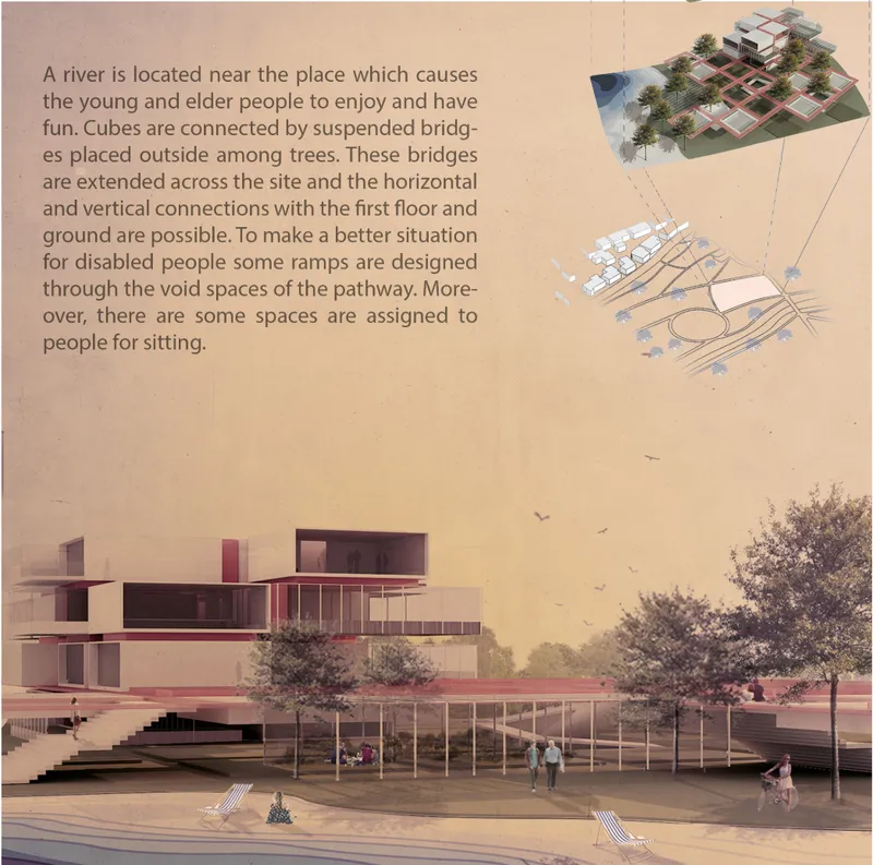Rendering of the stepped plaza and glass pavilion beneath the cantilevered volumes with people gathering below