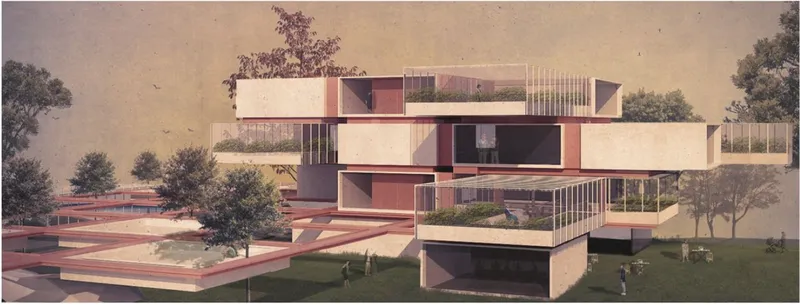 Rendering of stacked horizontal volumes with terraced rooftops and scattered trees on a grassy slope