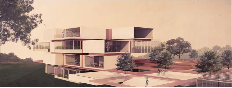 Rendering showing the interlocking white and glass volumes with figures walking on the terracotta terraces
