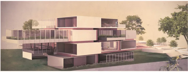 Street view rendering of the multi-level residence with a cyclist passing along the road