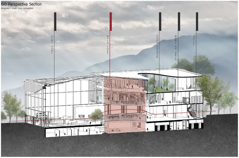 Perspective section showing the layered interior spaces beneath a sweeping roof with misty mountains behind