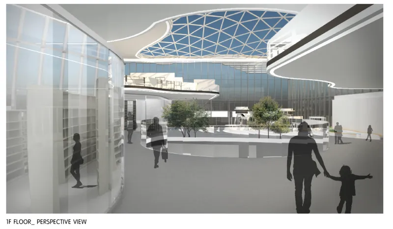 Ground floor rendering showing the central courtyard with planted trees and an adult holding a child's hand